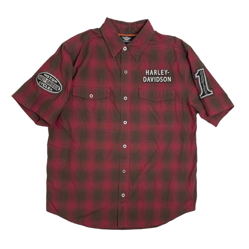 Harley Davidson Plaid Short Sleeve Vented Button Up Shirt Biker Patches‎ Large